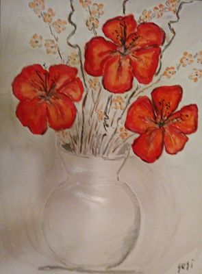 Shiny White Vase and Red Flowers by Susan Royer - search and link Fine Art with ARTdefs.com